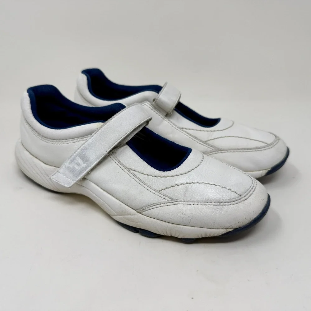 Propet W3868 Womens White Leather Mary Jane Walking Shoes Navy Blue Accent 7.5 M